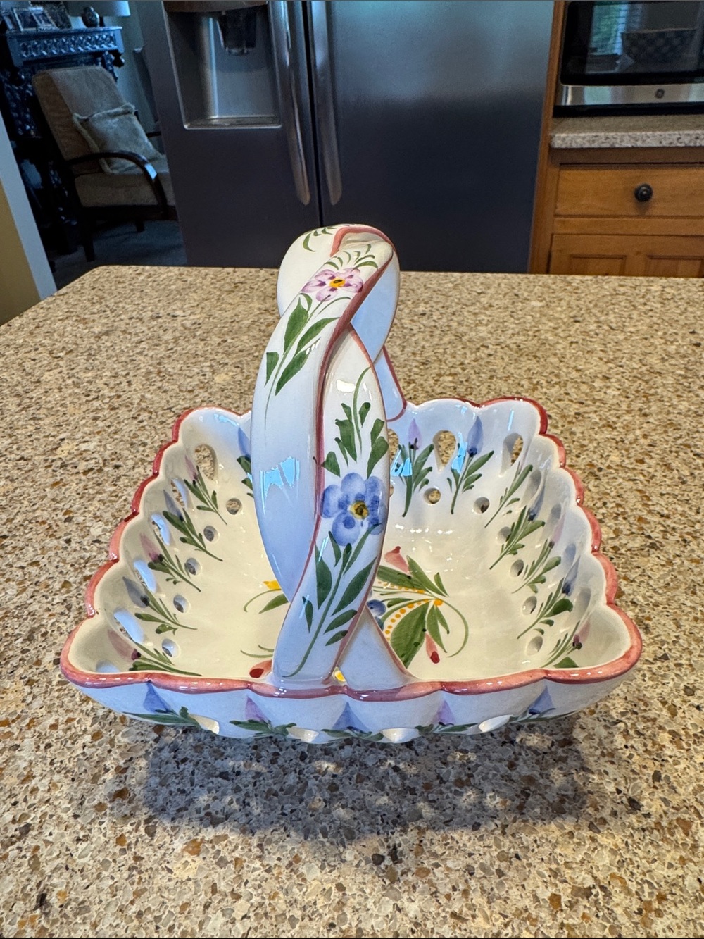 Vintage RCCL Hand Painted Porcelain Floral Basket Bowl Braided Handle Portugal - Picture 2 of 6